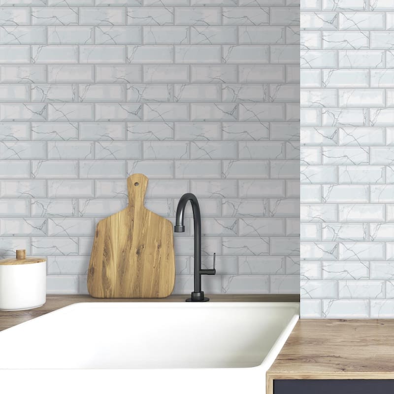 Walplus White Marble 3D Metro Peel and Stick Backsplash Tile Stickers