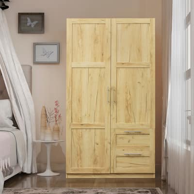 Clihome 40in. Wooden High Wardrobe with 2 Drawers and 5 Storage Spaces