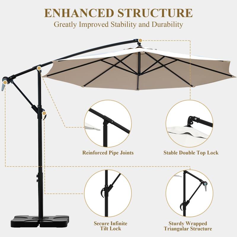 9.8ft Patio Offset Umbrella Cantilever Umbrella with Crank & Cross Bases