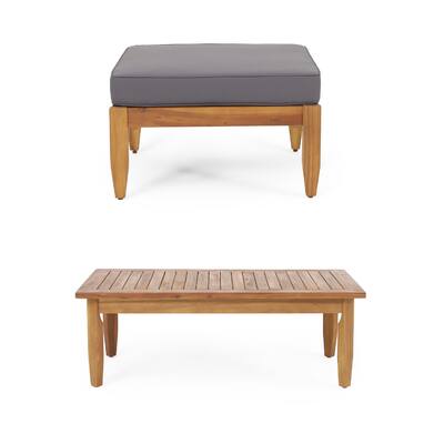 Gail Outdoor Ottoman and Coffee Table Set, Brown Acacia Wood, Gray