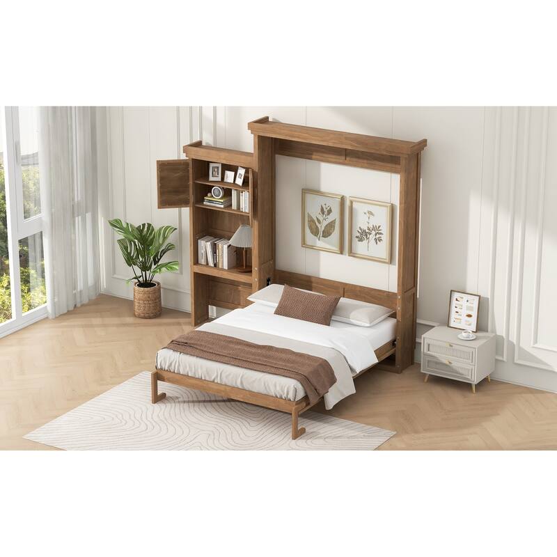 Queen Size Murphy Bed Convertible Louvered Style Cube Cabinet Foldable Platform Bed with Side Storage Bookcase Cabinet Shelves