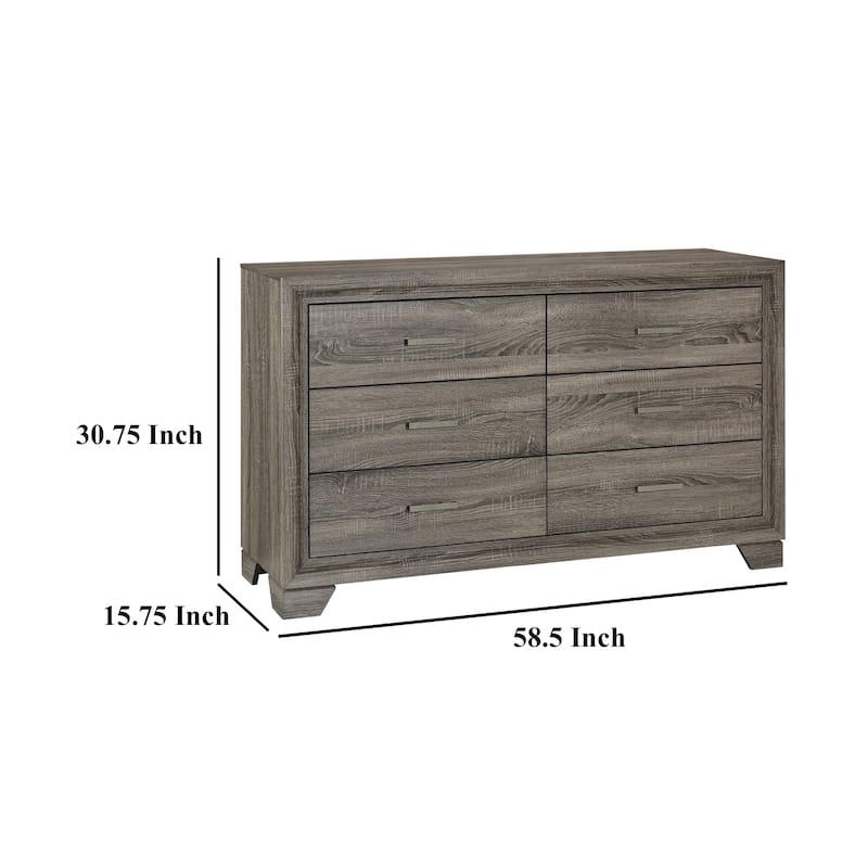 Reay Wide Dresser, Brown Oak Finish, 6 Drawers Silver Metal Handles