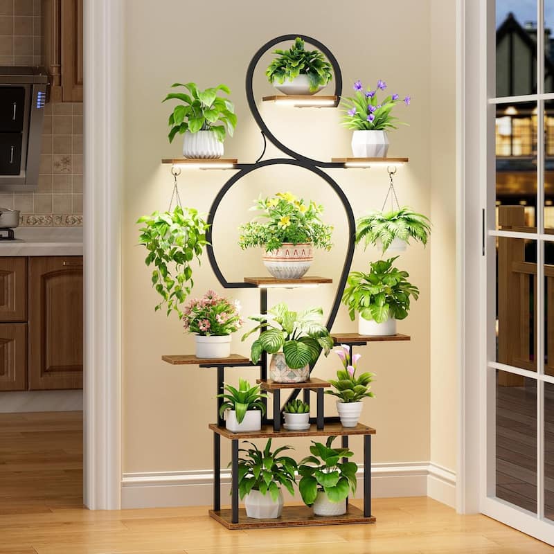 63" 9-Tier Indoor Plant Stand with Integrated Grow Lights – Tall Metal Shelving Unit for Multiple Plants in Living Room.