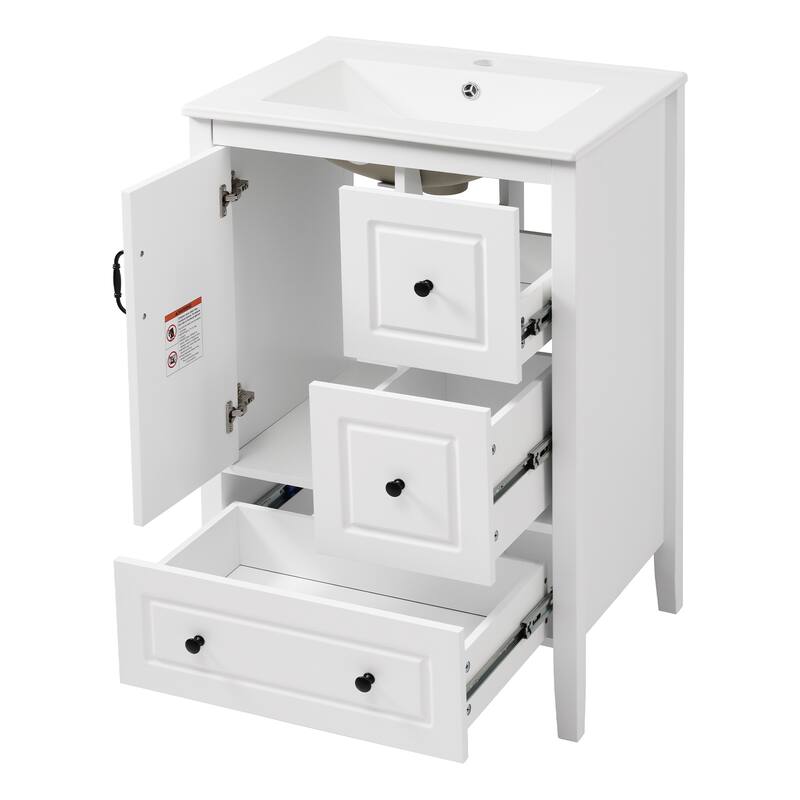 24 inch Bathroom Vanity with Sink, One Cabinet with Soft-closing Door, 3 Soft-closing Drawers, Retro Metal Handles