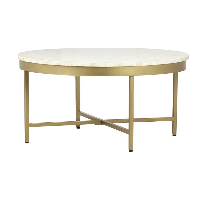 Sevita Alaric Round Bone Inlay and Gold Steel Cross-Leg Coffee Table, 36" W x 18" High - 36" Diameter x 18" H
