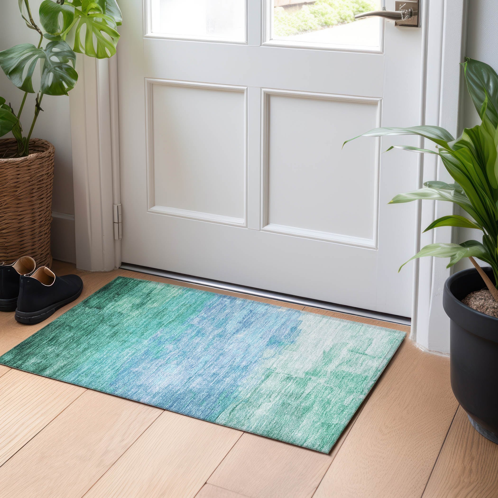 Machine Washable Indoor/ Outdoor Abstract Watercolor Chantille Rug