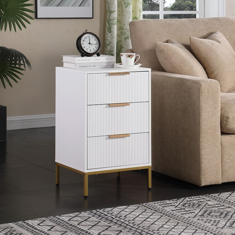Nightstand with 3 Drawers, Sofa Side Table with Metal Handles & Legs, Wavy Drawer Panels Storage Table for Bedroom