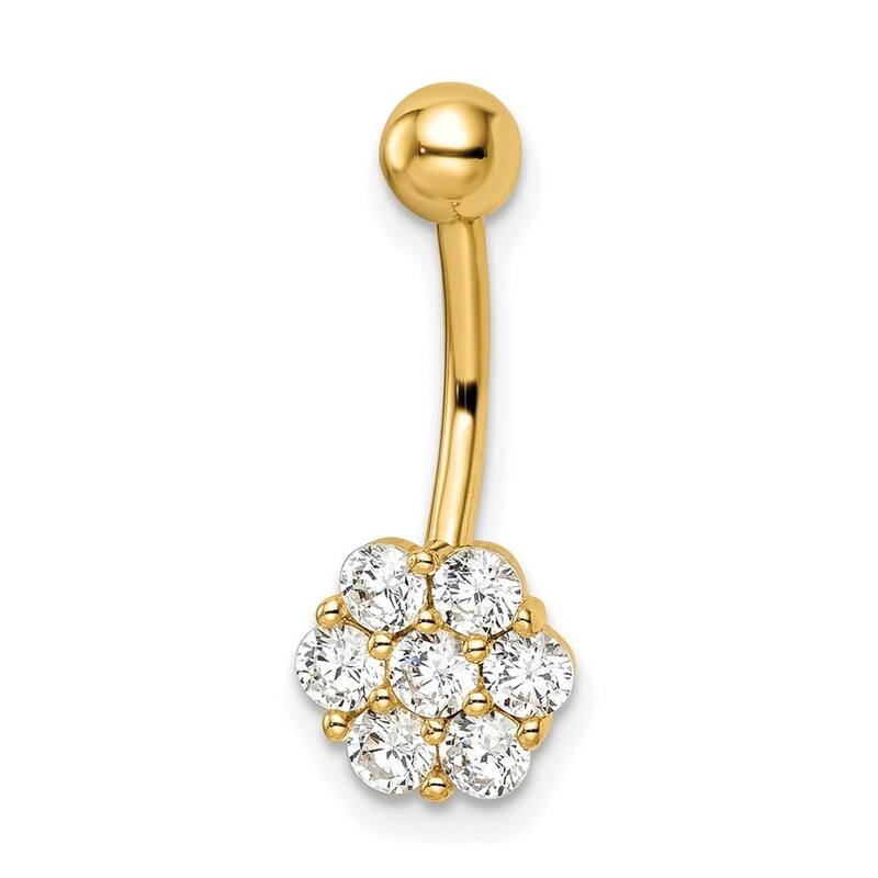 Curata 14k Yellow Gold 14g CZ Simulated Diamond Flower Belly Button Navel Ring Piercing