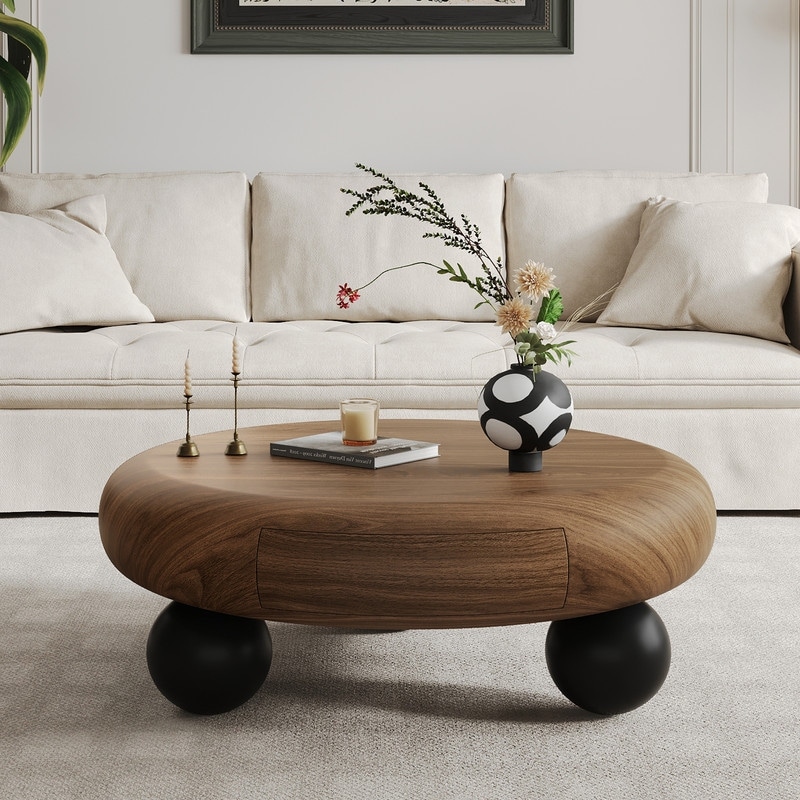 35" Round Walnut Coffee Table with Hidden Storage Drawer, Modern Center Table with Black Ball Legs for Living Room