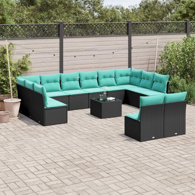 vidaXL 12 Piece Patio Sofa Set with Cushions Black Poly Rattan - Black - 24.4x27.2x24.4-With table