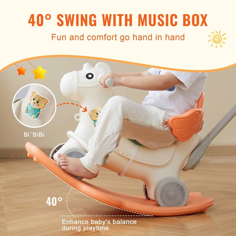4 in 1 Rocking Horse for Toddlers with Wheels Push Handle and Sound - 34.64 x 15.35 x 26.37 inch