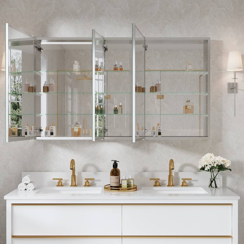 52"W X 30'H Bathroom Recessed or Surface Wall Mount Medicine Cabinet With Adjustable Glass Shelves