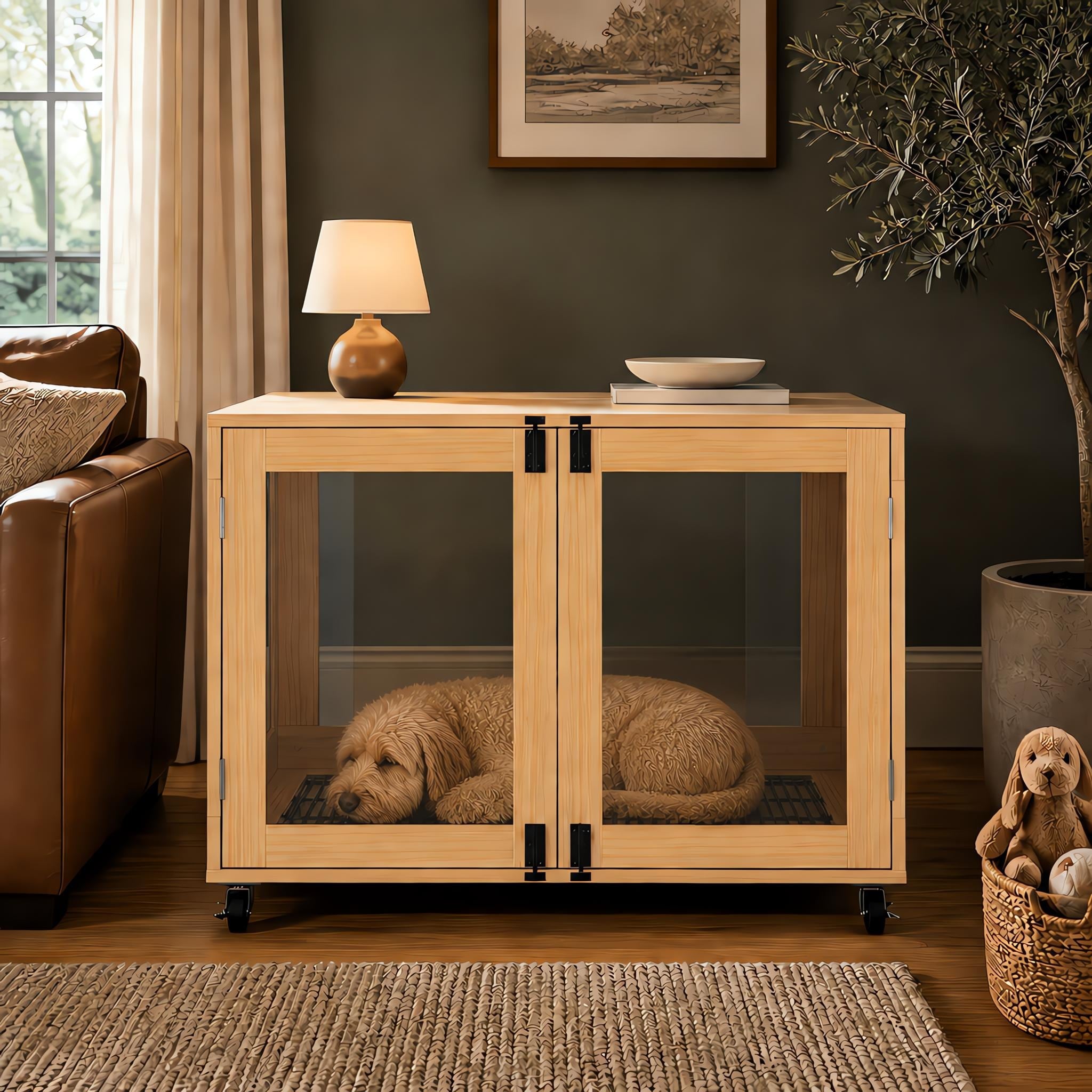 Solid Wood Dog Crate Furniture End Table with Tempered Glass & Locking Casters,Dog Kennel for Small Dogs