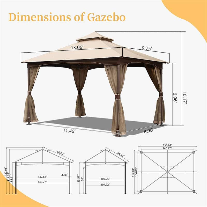 10' x 13' Outdoor Metal Frame Gazebo with Mosquito Netting