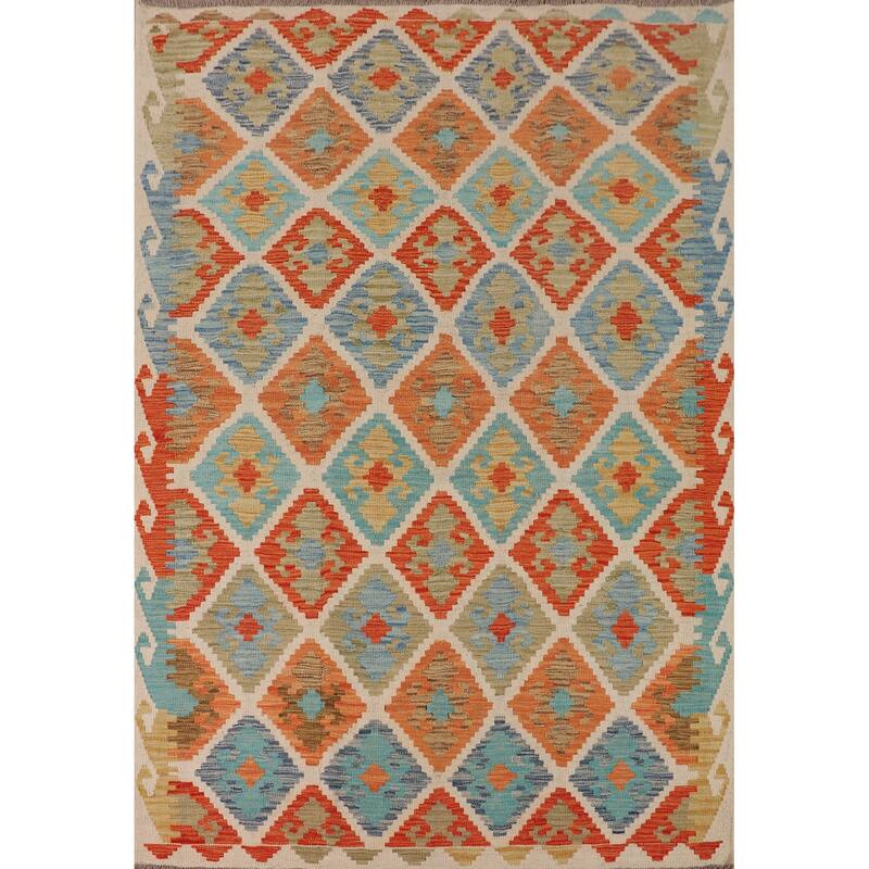Trellis Geometric Kilim Area Rug Flatweave Wool Carpet - 5'1"x 6'5"