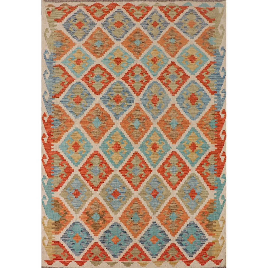 Trellis Geometric Kilim Area Rug Flatweave Wool Carpet - 5'1"x 6'5"