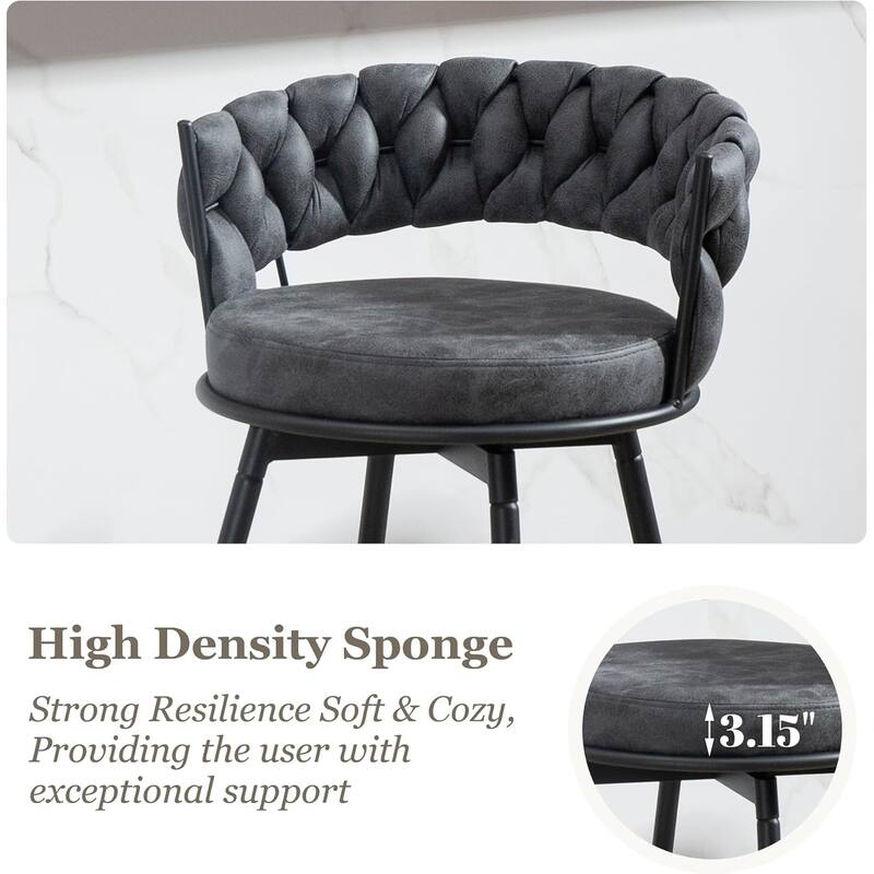 XINMICS 360° Swivel Bar Stools, 24 Inches Modern Counter Height Bar Stools with Woven Back, Upholstered Suede Tall Barstools