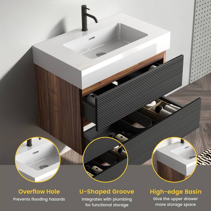 GDFStudio - Grace Floating Bathroom Vanity with Solid Surface Sink and Soft-Close Storage