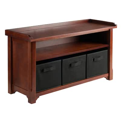 Verona 4-Pc Storage Bench with 3 Foldable Fabric Baskets, Walnut and Black - 40 x 14.2 x 22 inches
