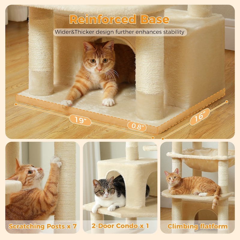 64.5" Cat Tree with Sisal-Covered Scratching Posts, 2 Padded Perch, Dual Condo and Basket