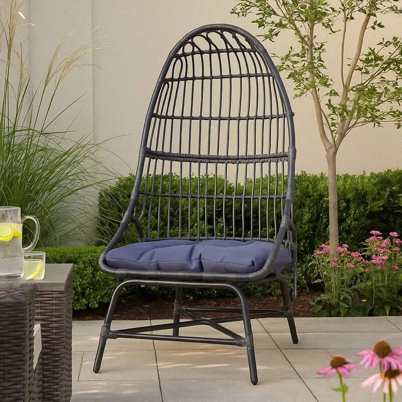 Elena Outdoor Chair, Basket Shape, Gray Fabric, Black PE Rattan, Iron