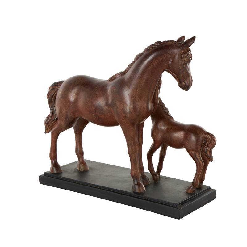 Dark Brown Ceramic Mom and Baby Horse Decorative Sculpture with Black Rectangle Base