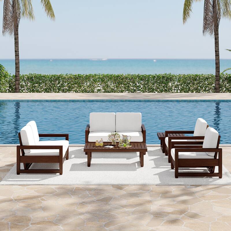 7-Piece Outdoor Teak Wood Conversation Set with Loveseat, Chairs and Tables