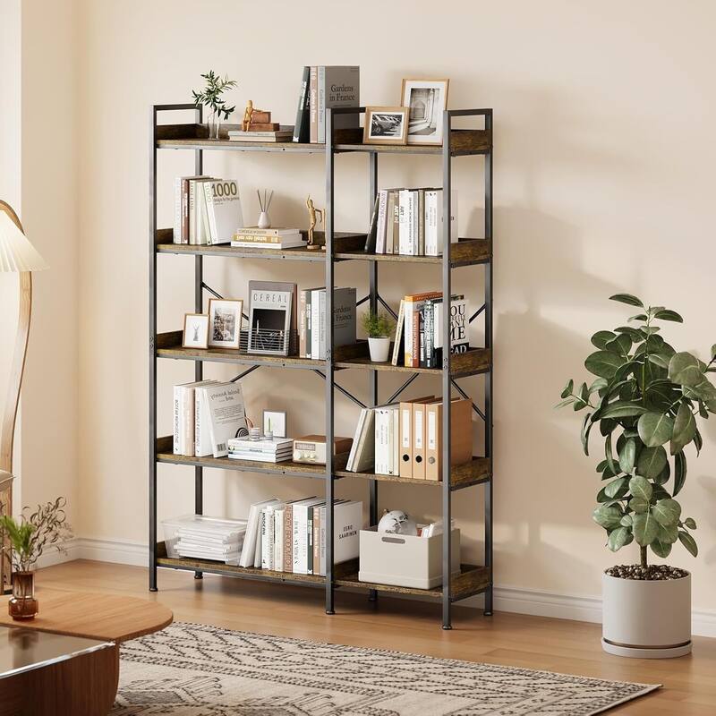 5 Tier Modern Industrial Wood Bookcase, Corner Bookshelf for Living Room, Bedroom