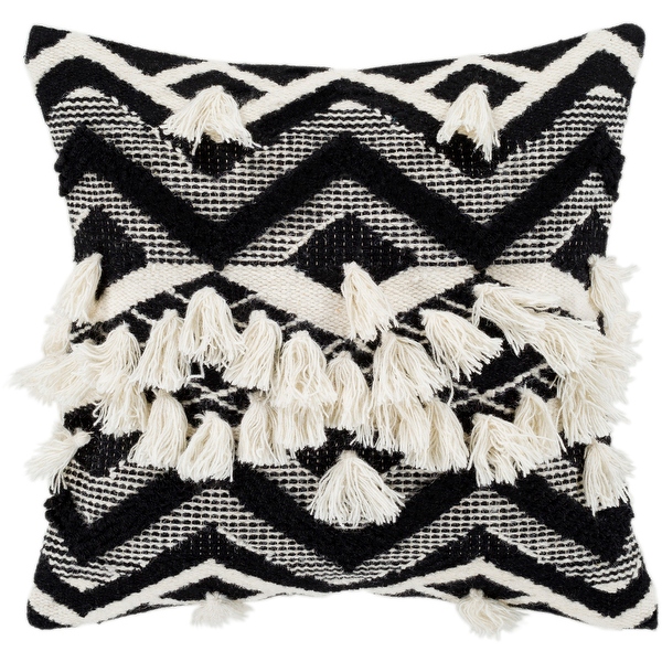 Spectre Black Cream Bohemian Tassel Feather Down Throw Pillow 20