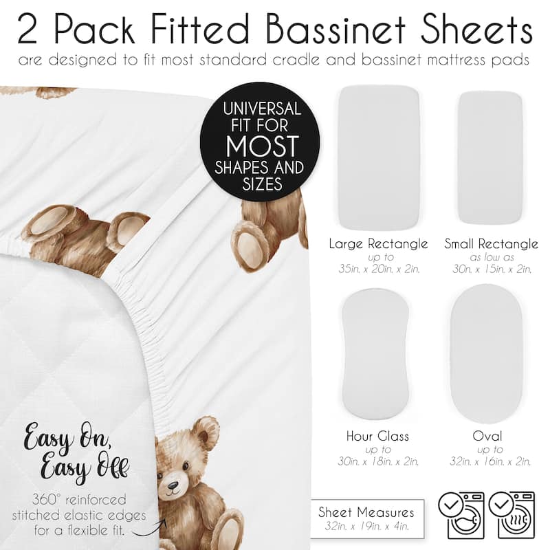 Sweet Jojo Designs Boho Teddy Bear Boy, Girl, Gender Neutral 2 Pack Baby Bassinet Fitted Sheets Taupe Plaid & Watercolor Classic