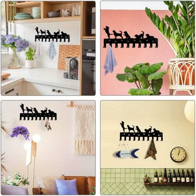 Black Metal Wall-Mounted Towel Hook Rack with 6 Hooks for Bathroom and Kitchen Storage - 12.09”L x 5.9”H