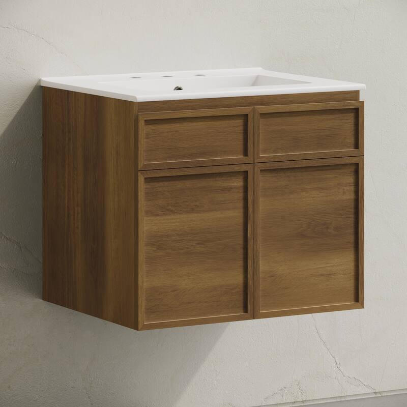 St. Tropez 24" Wall-Mounted Bathroom Vanity In Brown Oak With 3-Hole Widespread Sink Top - 24