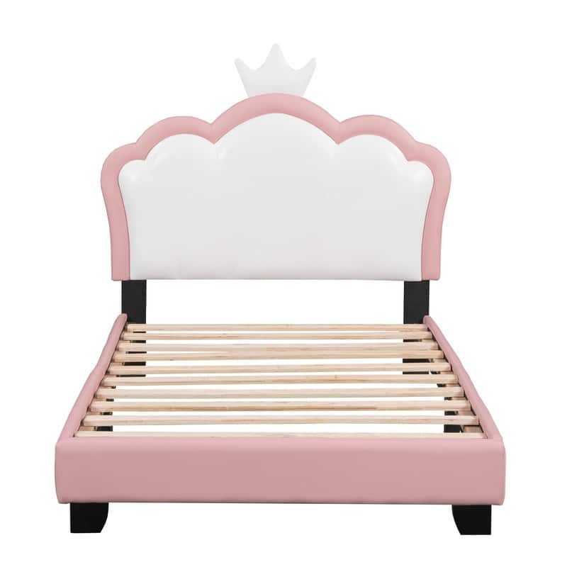 Twin/Full Size Upholstered Princess Bed with Crown Headboard, Cute Platform Bed Frame with Headboard and Footboard for Kids