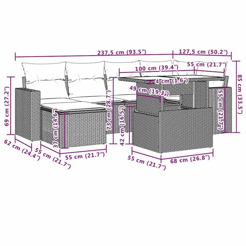 vidaXL Patio Sofa Set with Cushions Outdoor Furniture 7 Piece Poly Rattan - 21.7 x 39.4 x 28.7