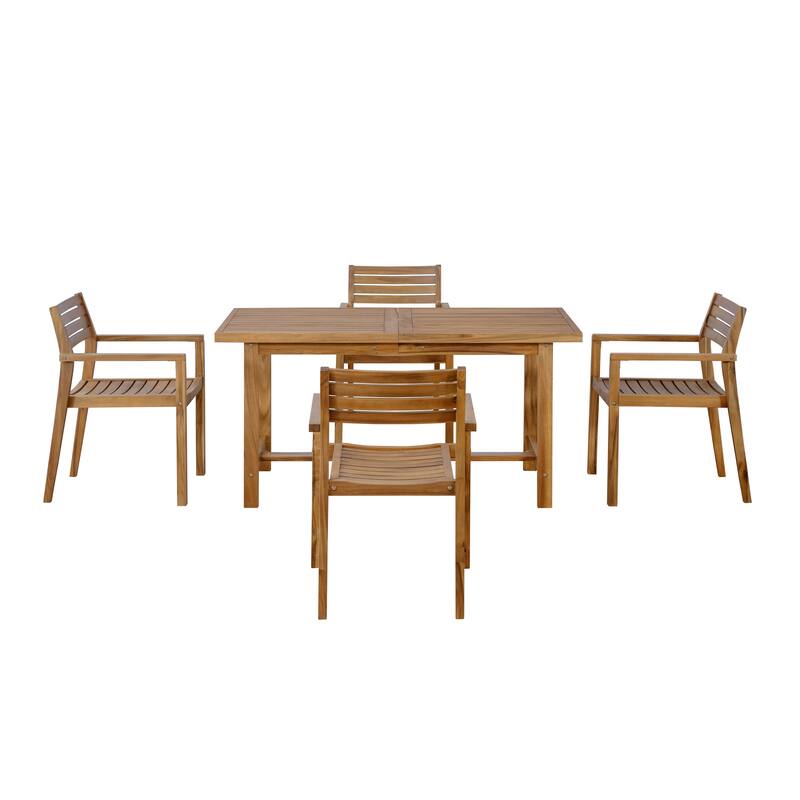 5-Piece Outdoor Acacia Wood Dining Set with Rectangular Table and Umbrella Hole for Family Gatherings