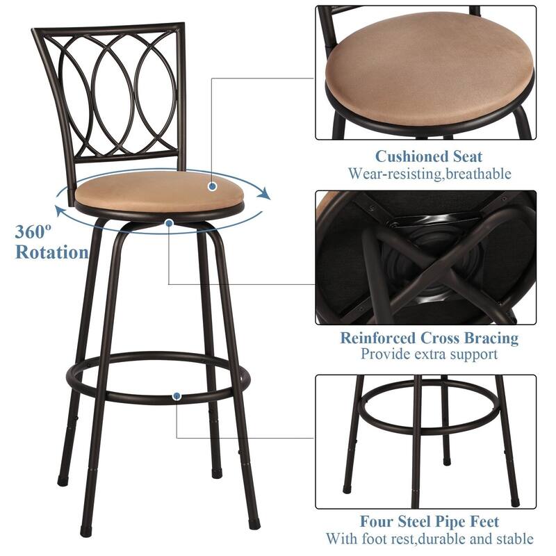 VECELO 2-Pack Brown 360° Swivel Bar Stools with Scroll-back Footrest and Detachable Heel for Kitchen Counter and Living Room