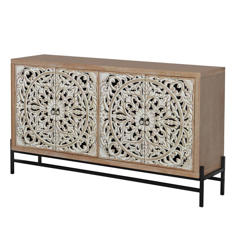 Rustic Carved Sideboard Buffet, Wood 4-Door Accent Cabinet, Storage Cabinet with Floral Hand-Carved Doors