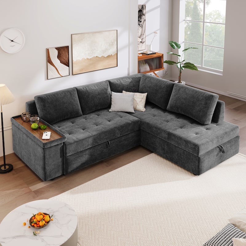 Christopher Knight Home-Miranda Convertible Polyester Sectional Sofa with Storage and Reversible Tray - Dark Grey