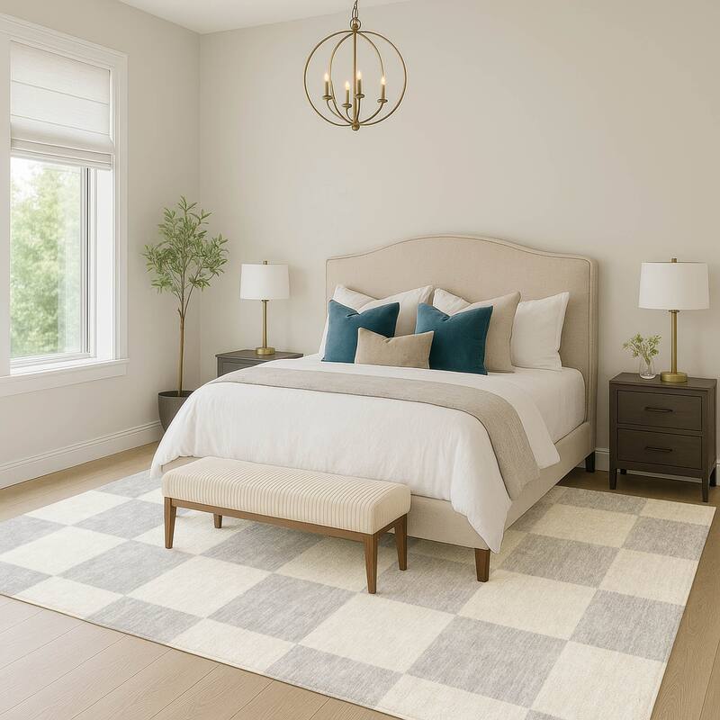 Machine Washable Indoor/ Outdoor Modern Checker Chantille Rug