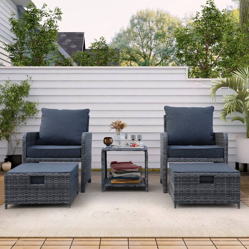 5 Pieces Outdoor Wicker Patio Furniture Set with Ottomans and coffee table - Grey
