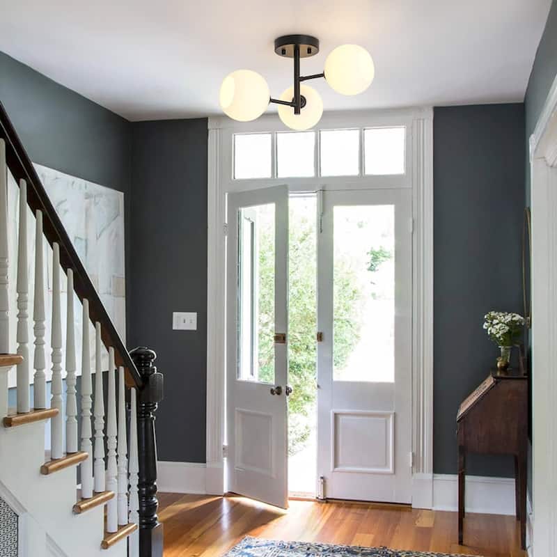 Modern 3-Light Ribbed Opal Glass Globe Sputnik Semi Flush Light