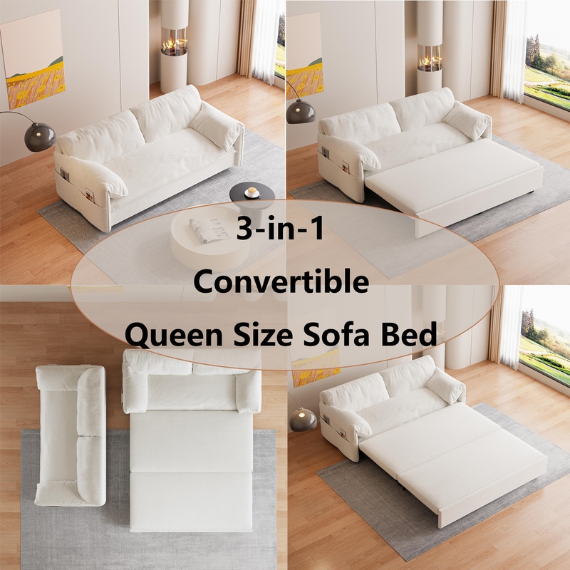 63.8W Queen Pull Out Sofa Bed Convertible Sleeper Sofa with Side Storage