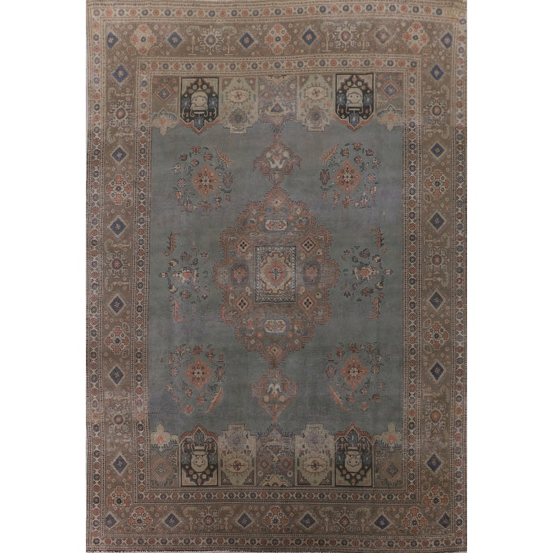 Over-Dyed Tabriz Persian Vintage Rug Hand-Knotted Blue Wool Carpet - 9'4"x 12'10"