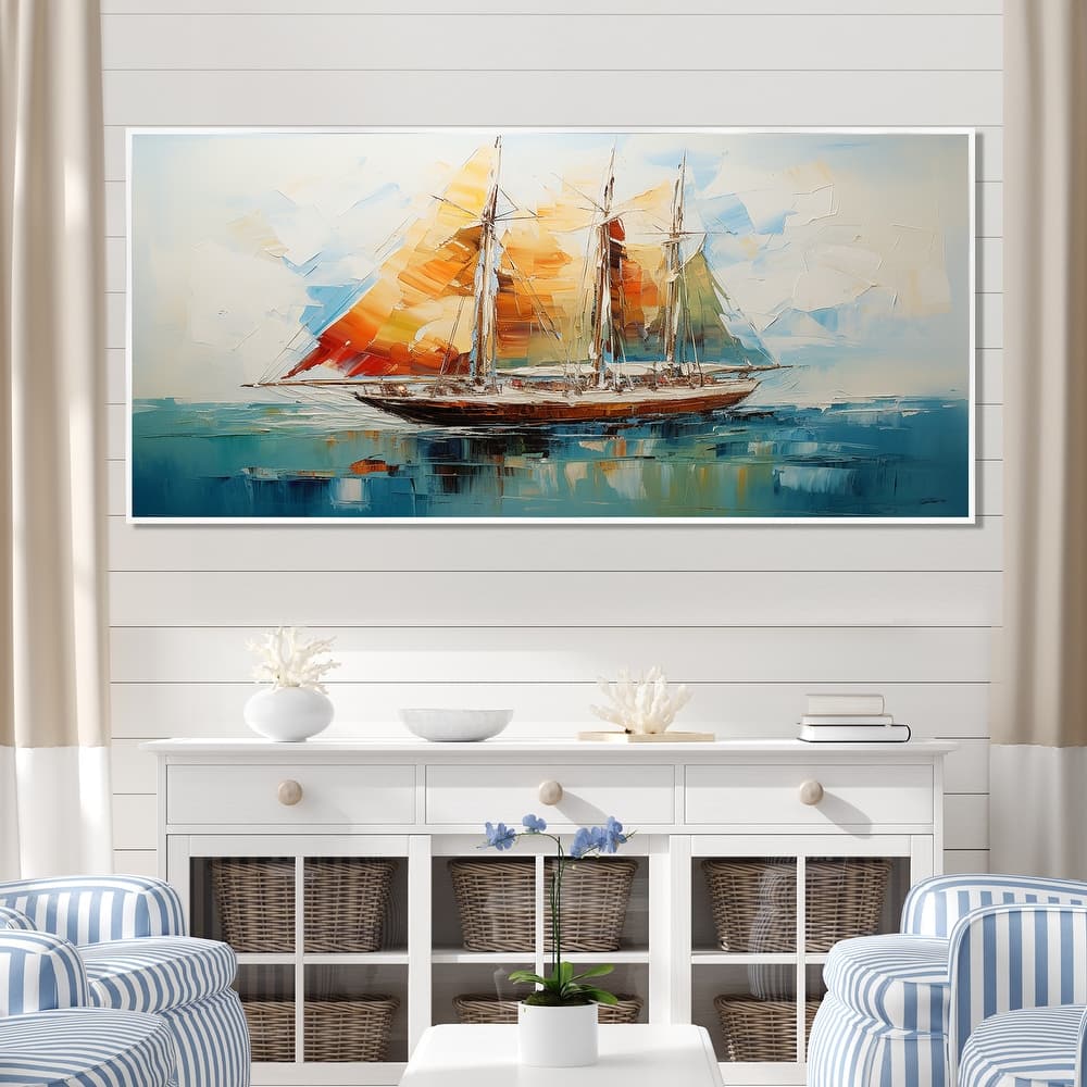 Designart "Moonlight Saiboat Horizon I" Boat Sailing Orange Wall Decor - Modern Entryway Framed Wall Art