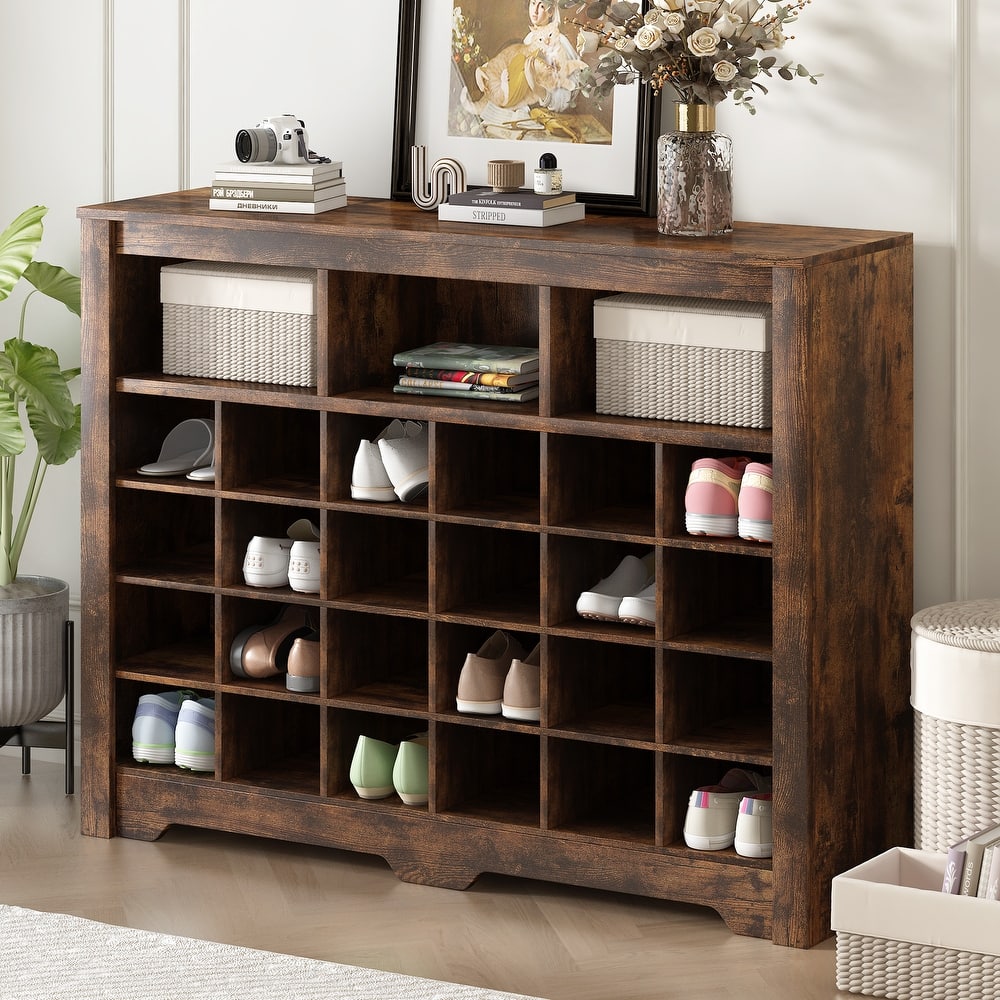Roomfitters Modern 24-Cubby Shoe Cabinet with Curved Base, Console and Versatile Sideboard for Entryway
