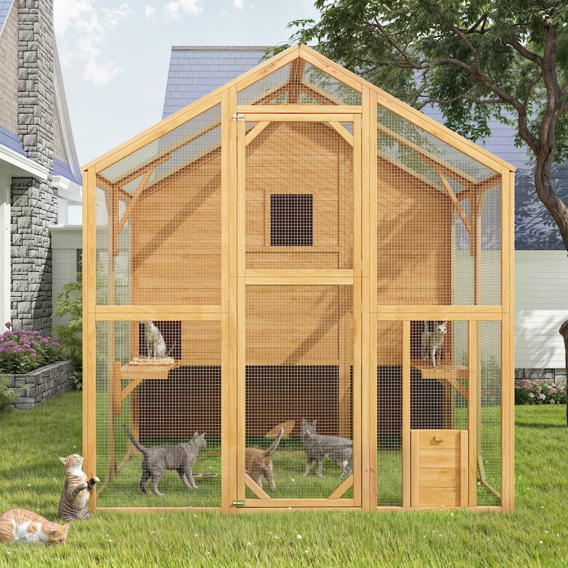Large Outdoor Wooden Chicken Coop & Cat Enclosure with Run, 2 Colors Pet Cage