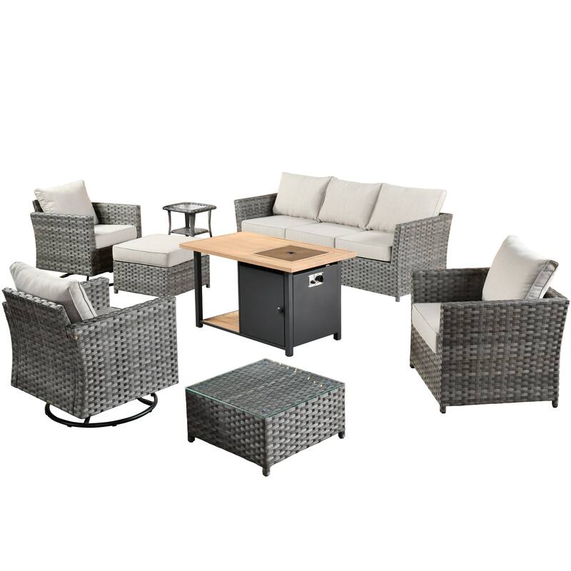 HOOOWOOO 10-piece Outdoor Grey Wicker Patio Furniture Set with Fire Pit Table