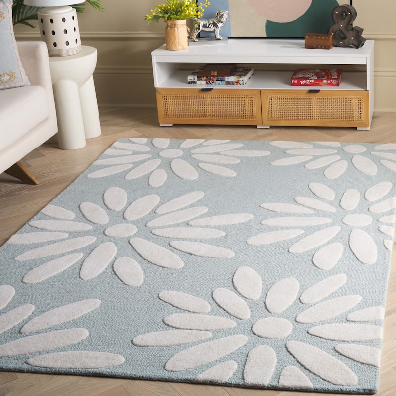 SAFAVIEH Handmade SAFAVIEH Kids Fleurette & Tween Wool Rug - 6' Square - Teal/Ivory - Square