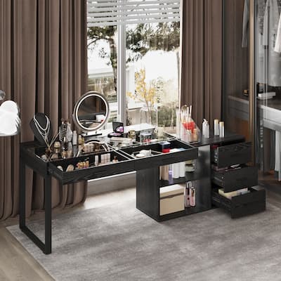 Black L-Shaped Desk with Glass Top Adjustable Writing Table with 5 Drawers, Sliding Top Reversible