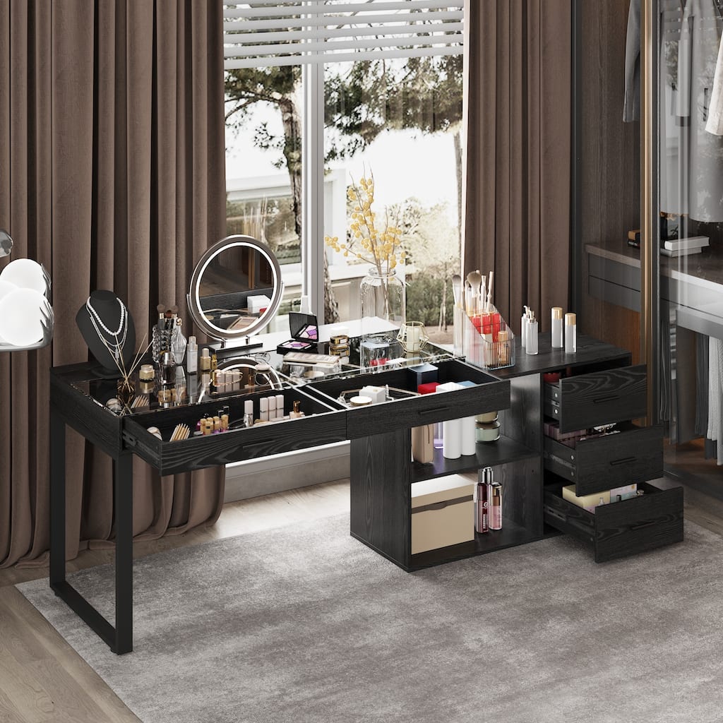 Black L-Shaped Desk with Glass Top Adjustable Writing Table with 5 Drawers, Sliding Top Reversible